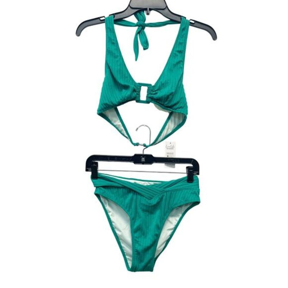 Cupshe Women's Green Rib Square Ring Bikini Top & High Waisted Bottoms Set Small